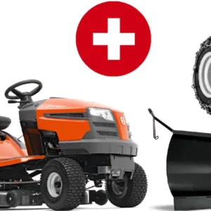 Husqvarna Rasentraktor TC 138L Winterpaket mit Schneeschild, Gummileiste, Gewicht und Schneeketten – Modell 2023